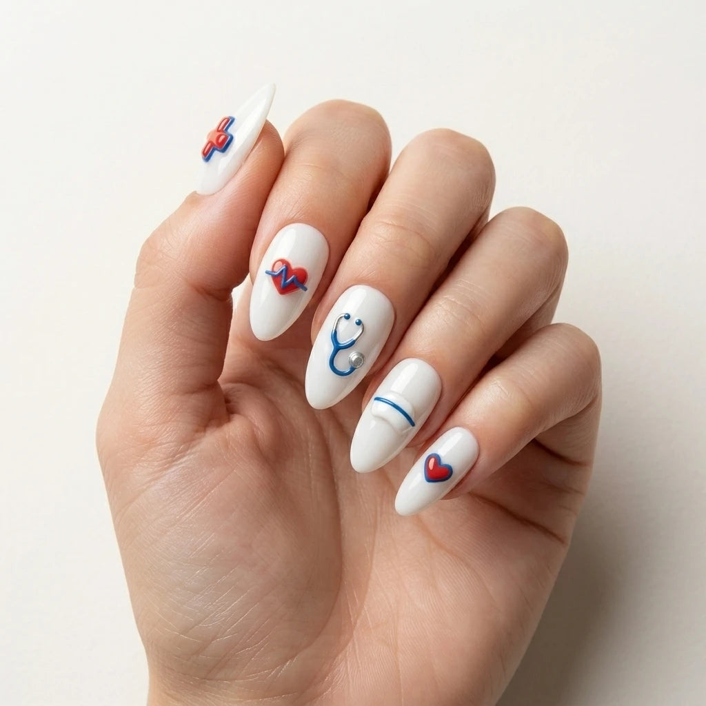 white blue 3d almond press on nails medical cross heart pulse stethoscope pill mockup 01