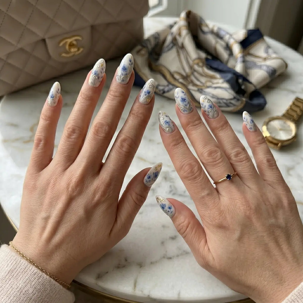 white blue hand painted almond press on nails gold foil flower silver swirl detail 03