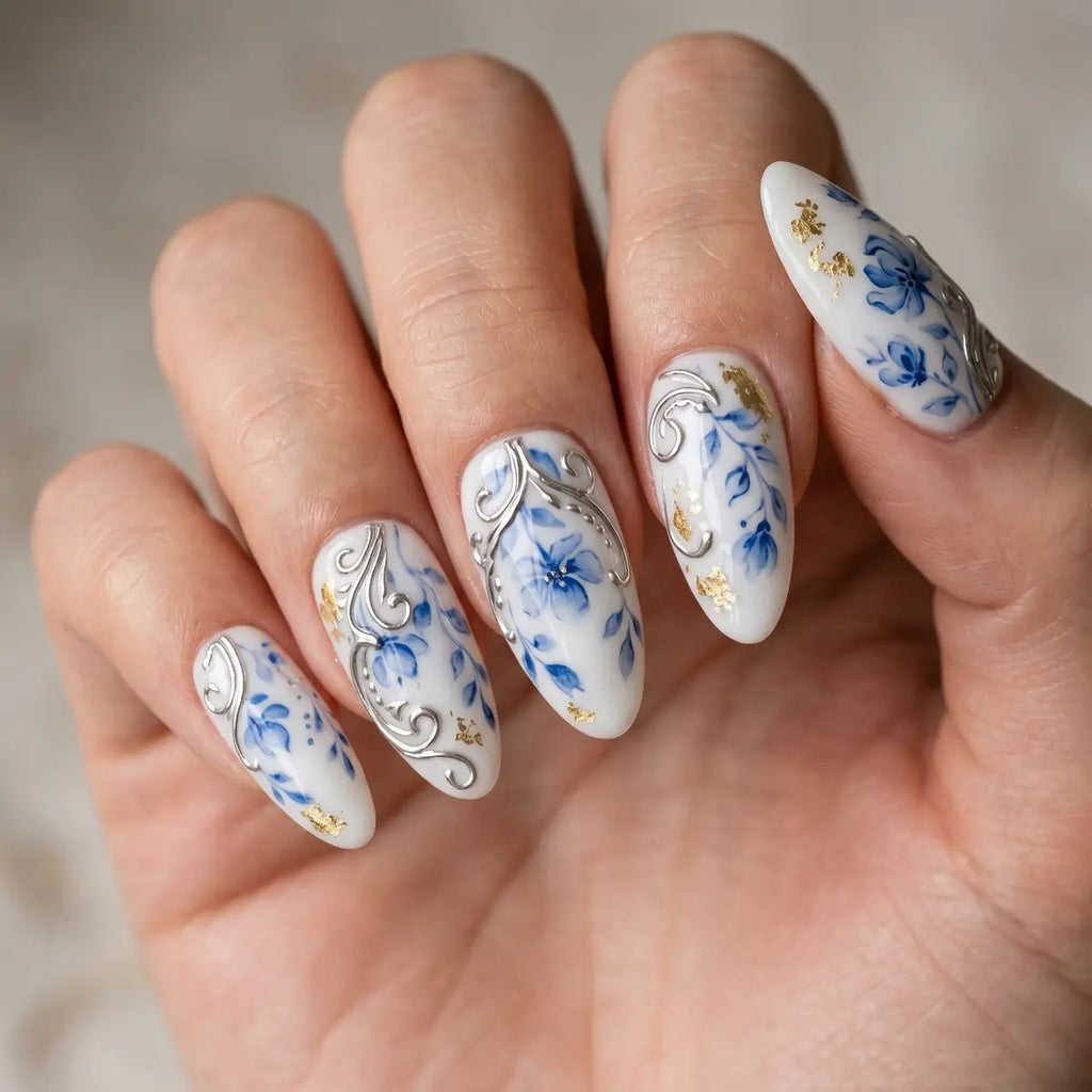 white blue hand painted almond press on nails gold foil flower silver swirl lifestyle 02