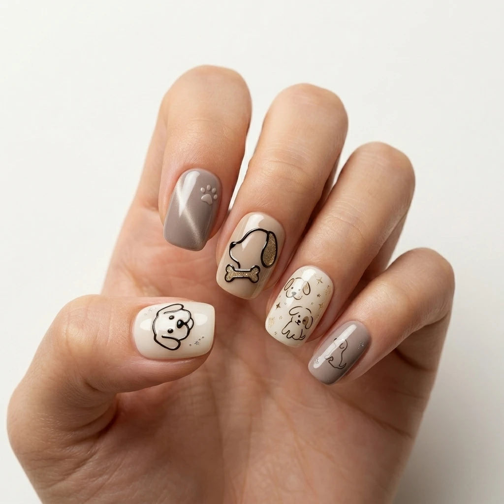 white brown beige 3d cat eye square short press on nails dog paw bone detail 01