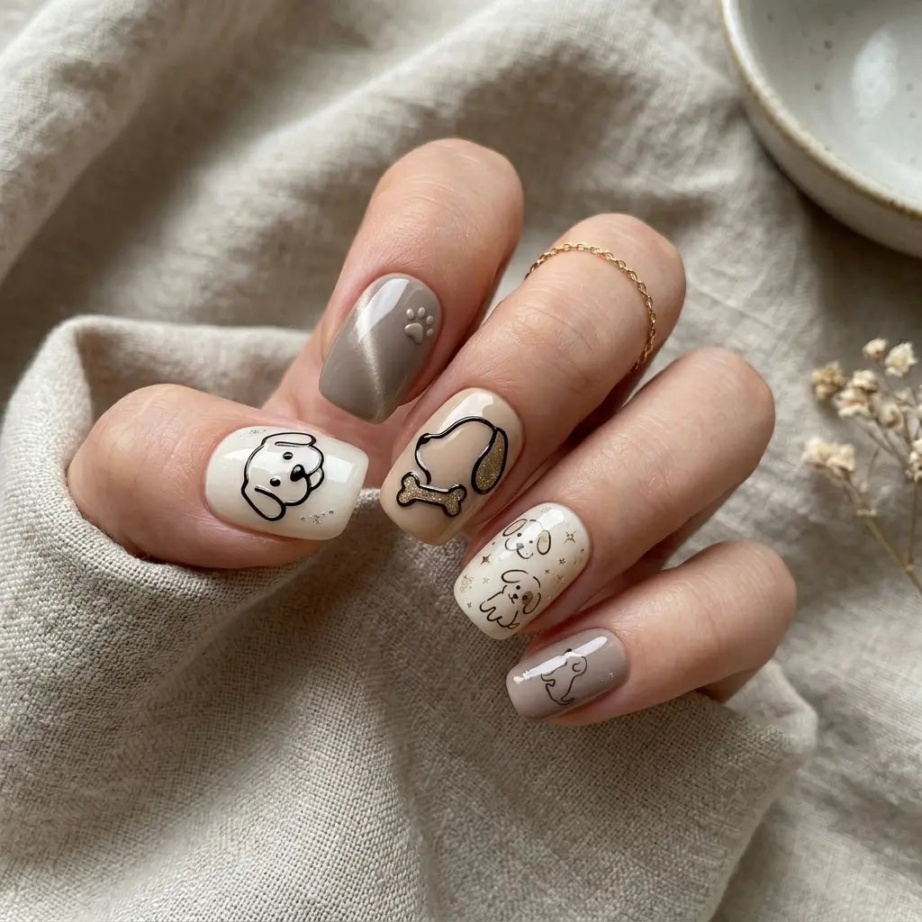 white brown beige 3d cat eye square short press on nails dog paw bone lifestyle 01