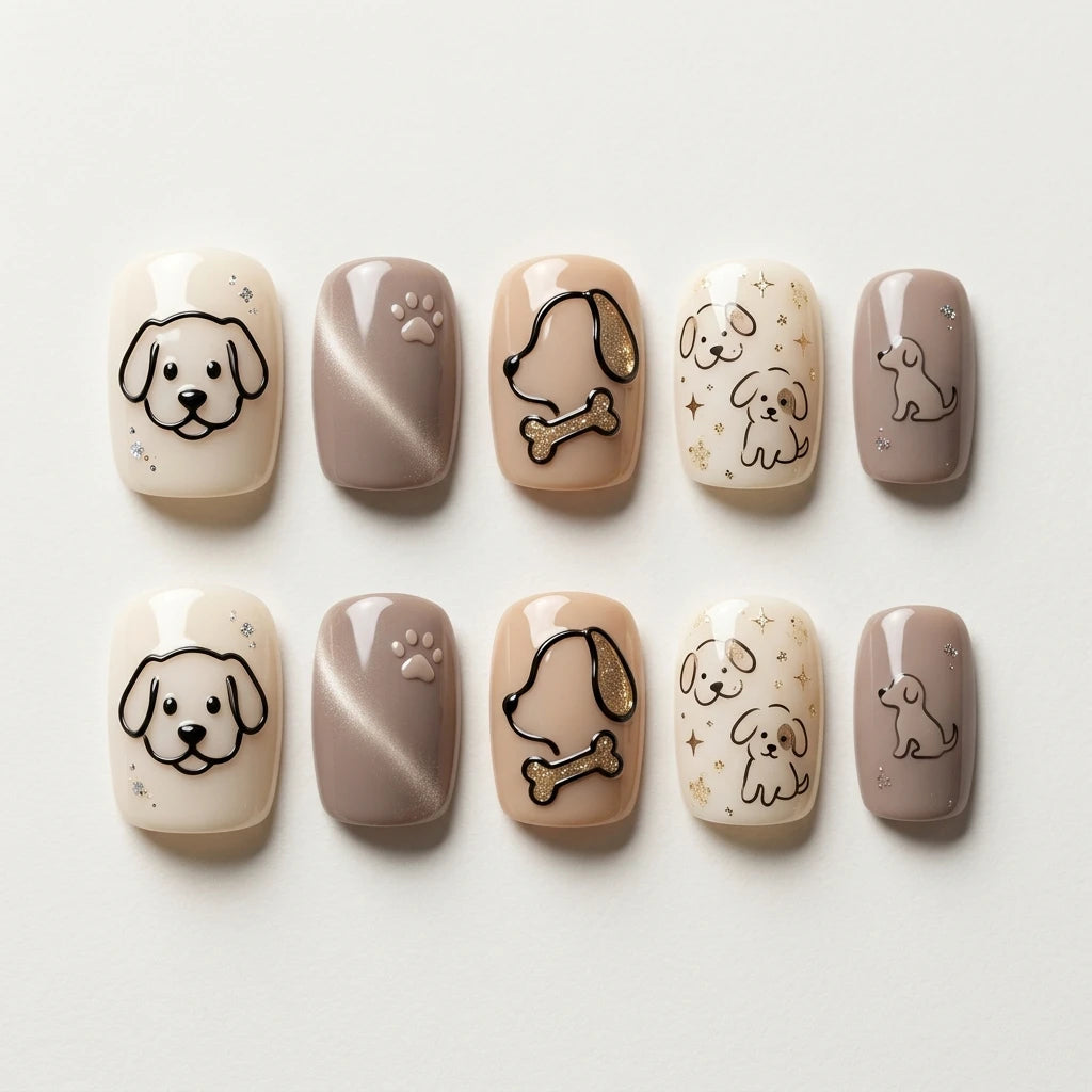 white brown beige 3d cat eye square short press on nails dog paw bone mockup 01