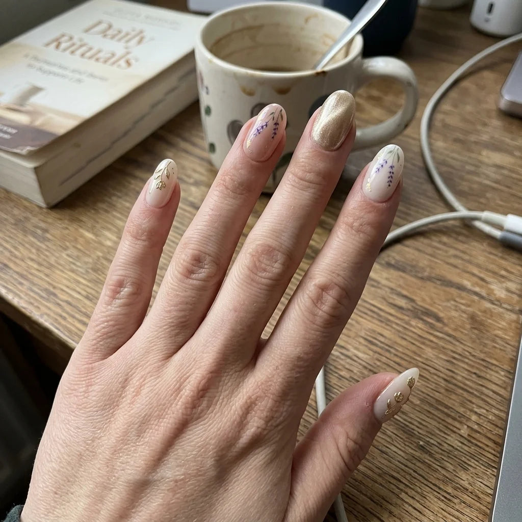 white cat eye almond medium press on nails lavender sprigs detail 01