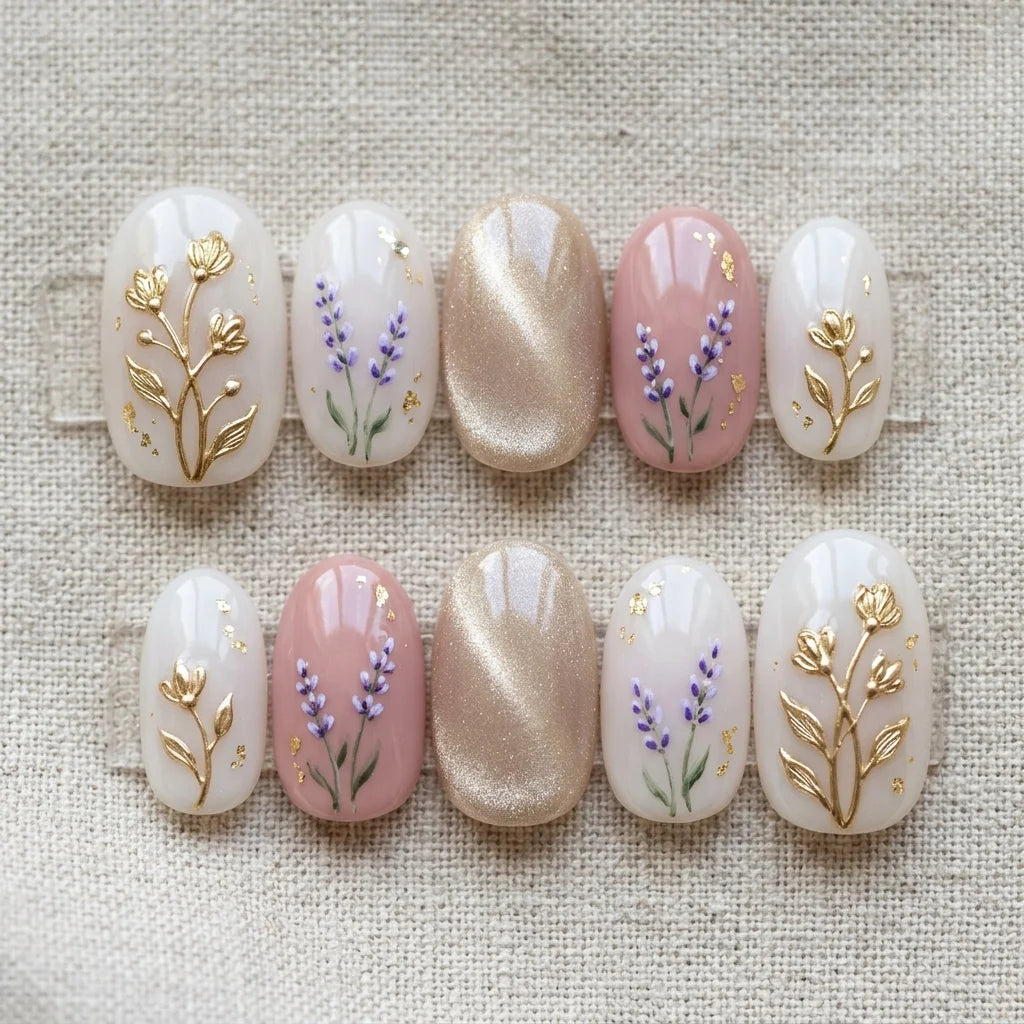 white cat eye almond medium press on nails lavender sprigs mockup 01