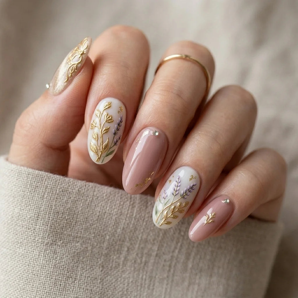 white cat eye almond medium press on nails lavender flat lay 01