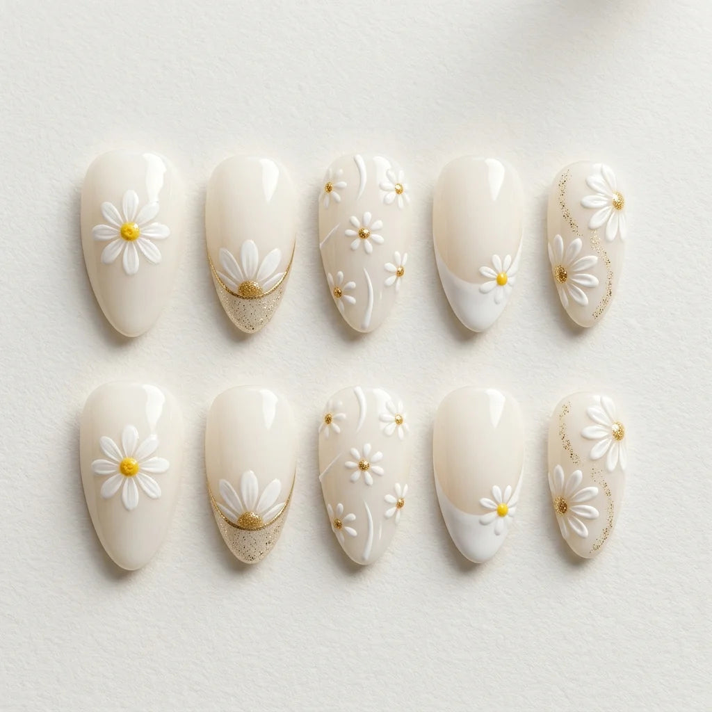 white gold 3d almond press on nails daisy swirl glitter flat lay 01