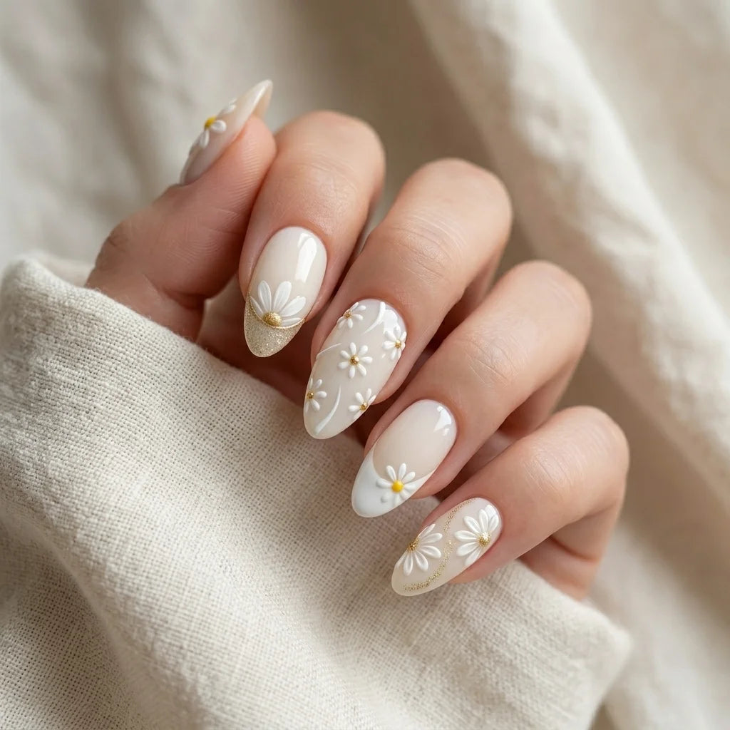 white gold 3d almond press on nails daisy swirl glitter lifestyle 01