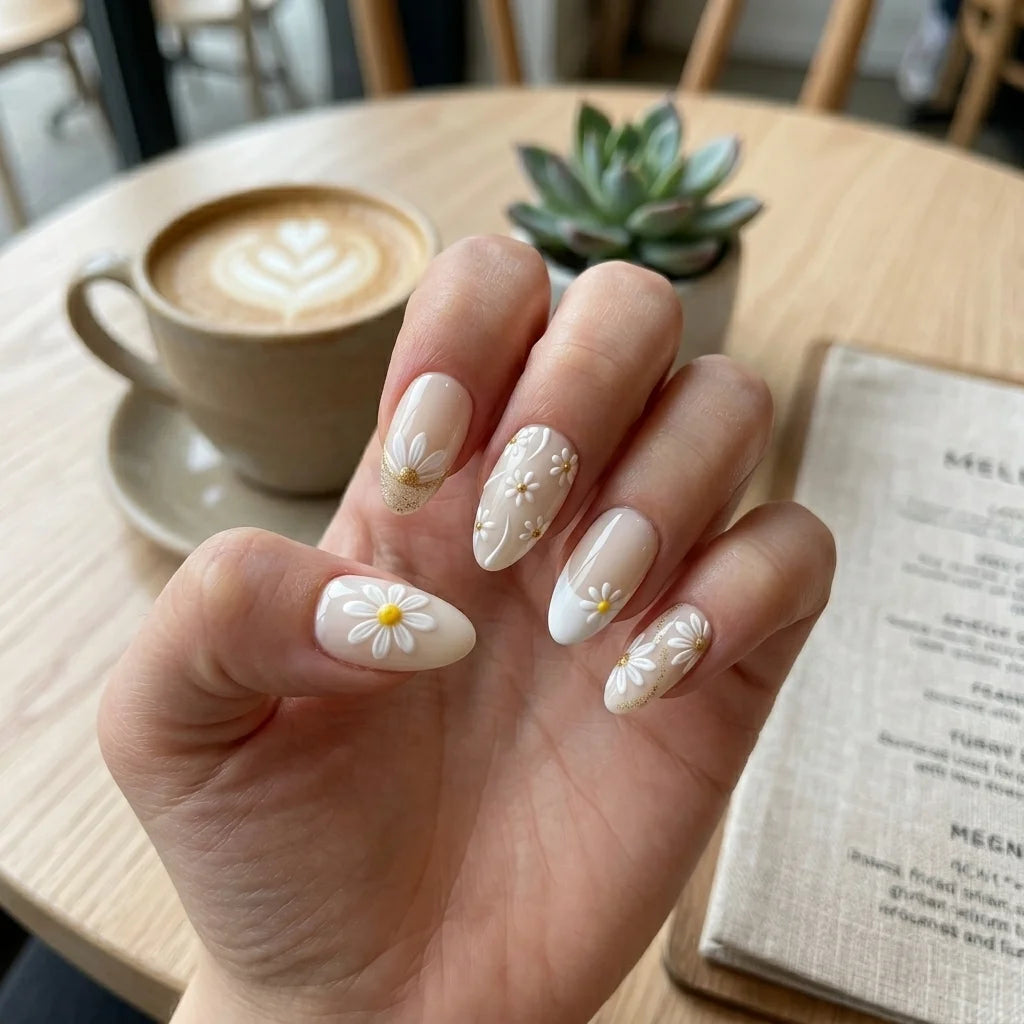 white gold 3d almond press on nails daisy swirl glitter lifestyle 02