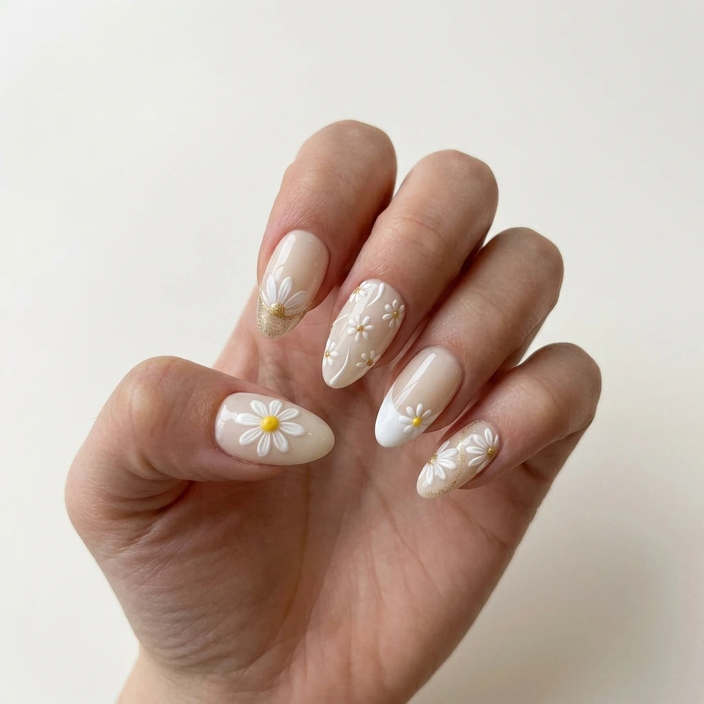 white gold 3d almond press on nails daisy swirl glitter mockup 01