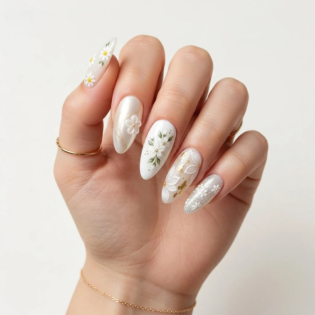 white green 3d almond press on nails floral gold foil glitter detail 01