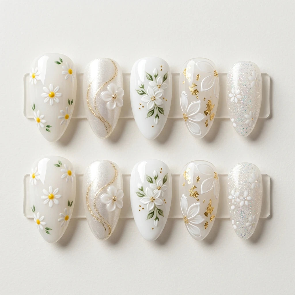 white green 3d almond press on nails floral gold foil glitter flat lay 01