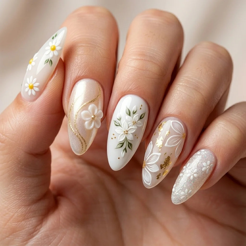 white green 3d almond press on nails floral gold foil glitter lifestyle 01