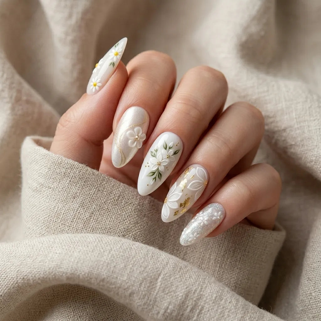 white green 3d almond press on nails floral gold foil glitter mockup 01