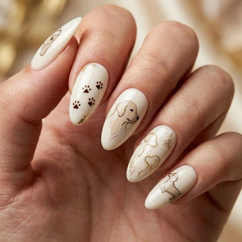 white hand painted almond press on nails dog paw glitter detail 01