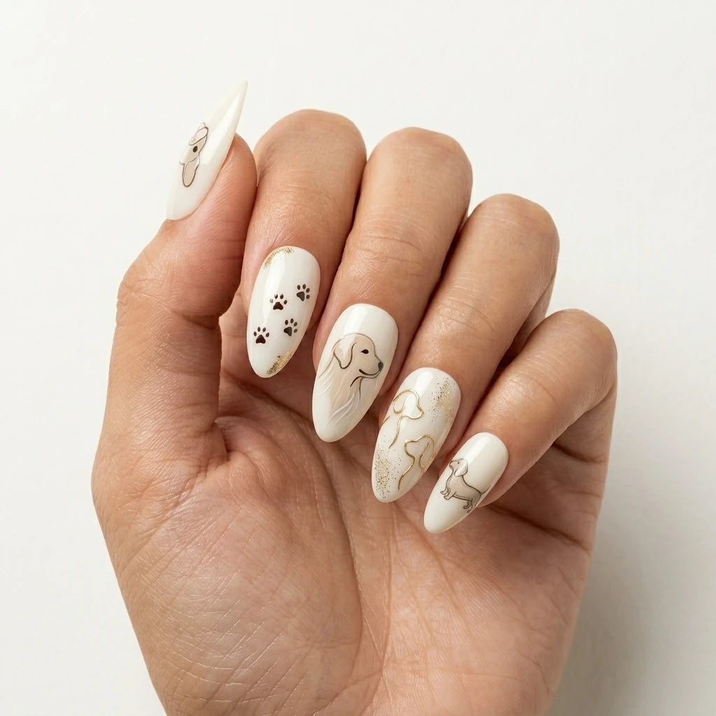white hand painted almond press on nails dog paw glitter lifestyle 01