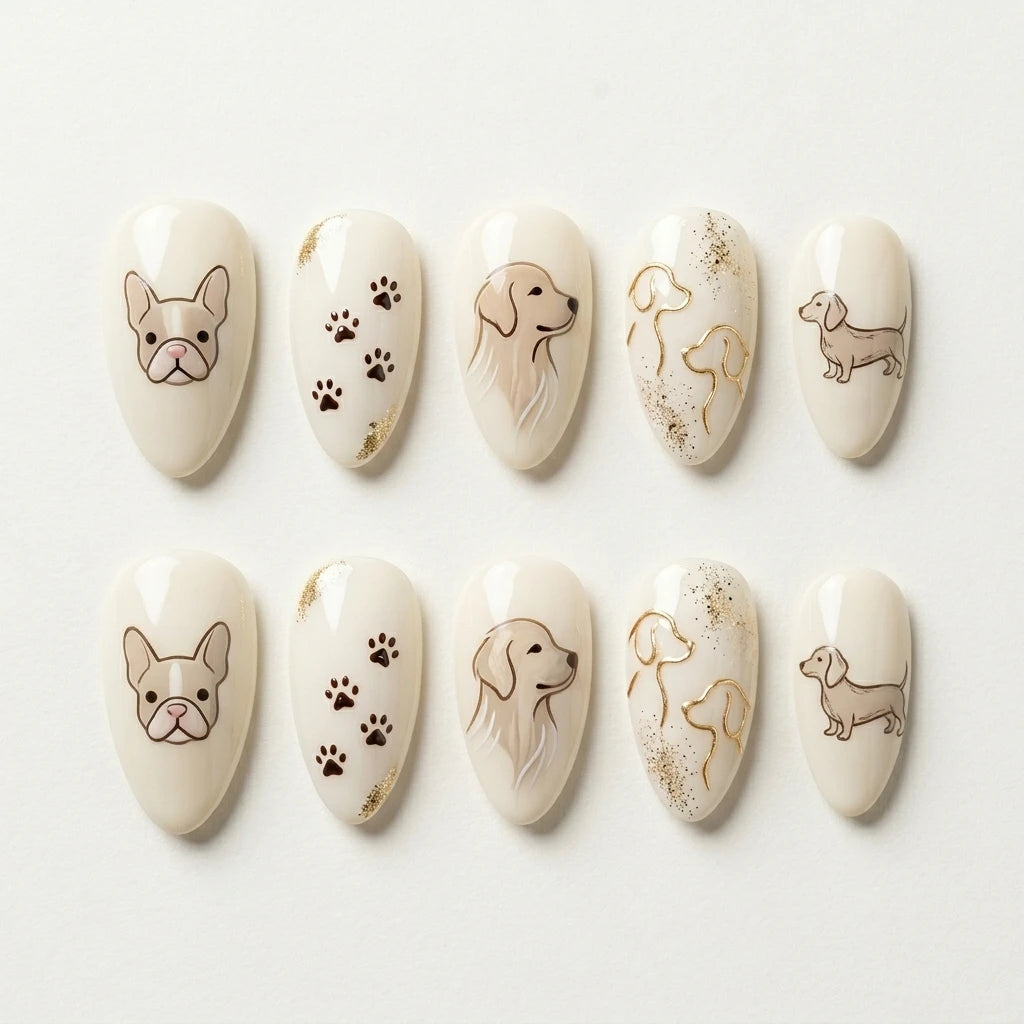 white hand painted almond press on nails dog paw glitter mockup 01