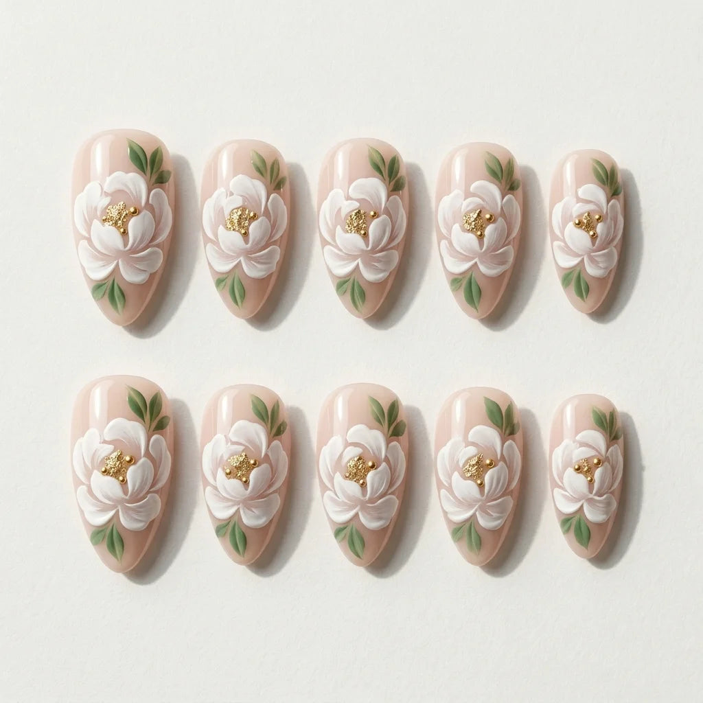 white nude 3d almond press on nails flower leaf gold flat lay 01