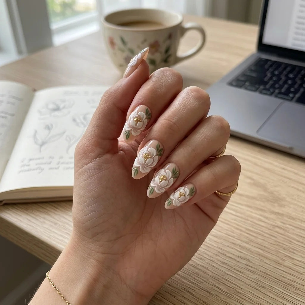 white nude 3d almond press on nails flower leaf gold lifestyle 01