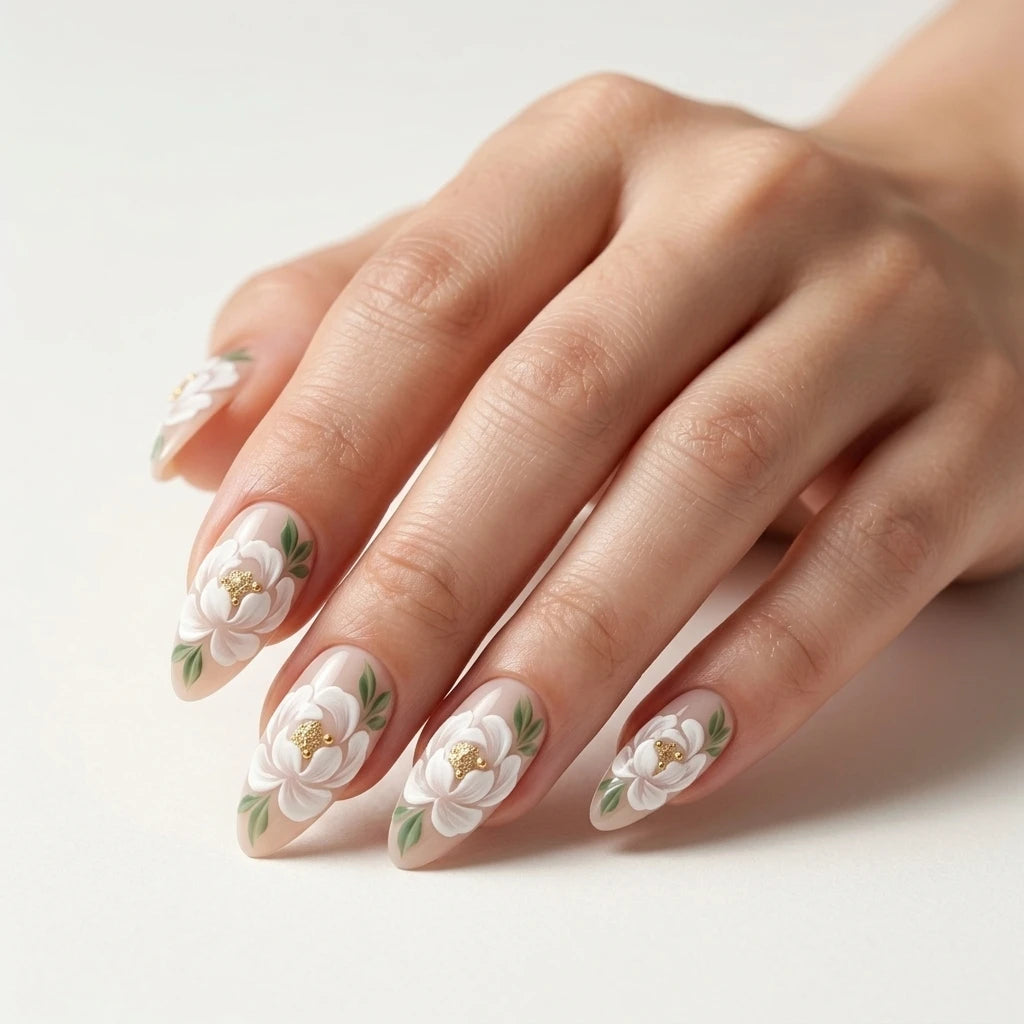 white nude 3d almond press on nails flower leaf gold mockup 01