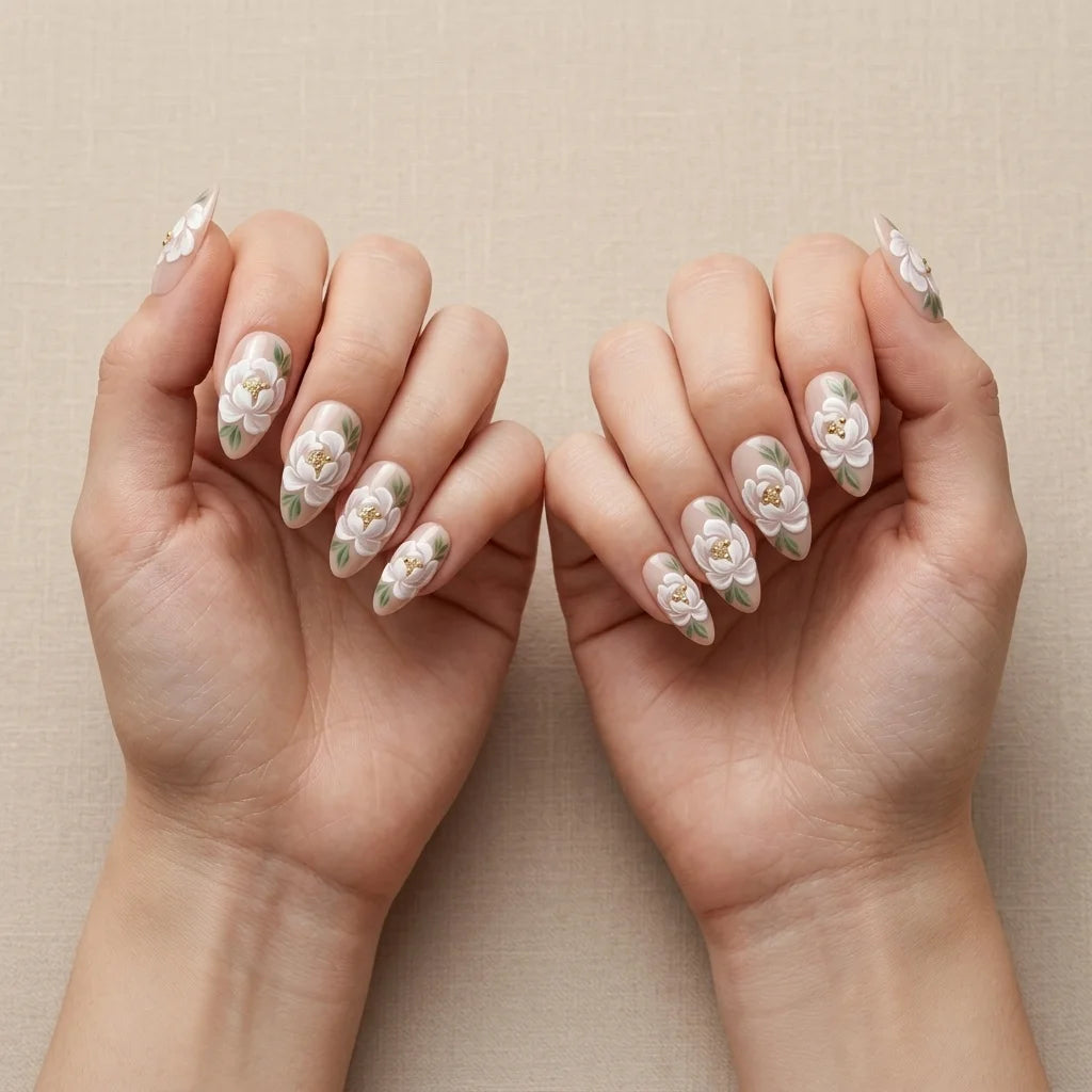 white nude 3d almond press on nails flower leaf gold mockup 02