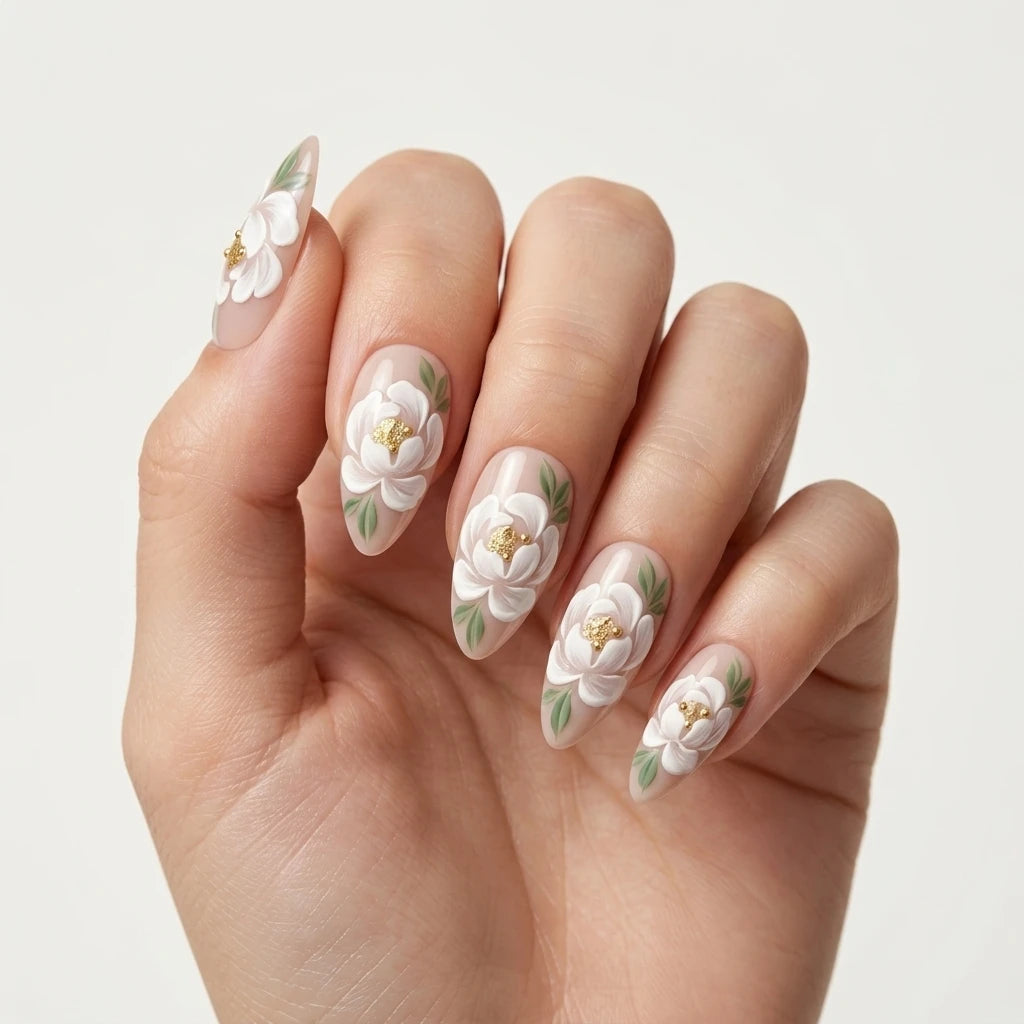 white nude 3d almond press on nails flower leaf gold mockup 03