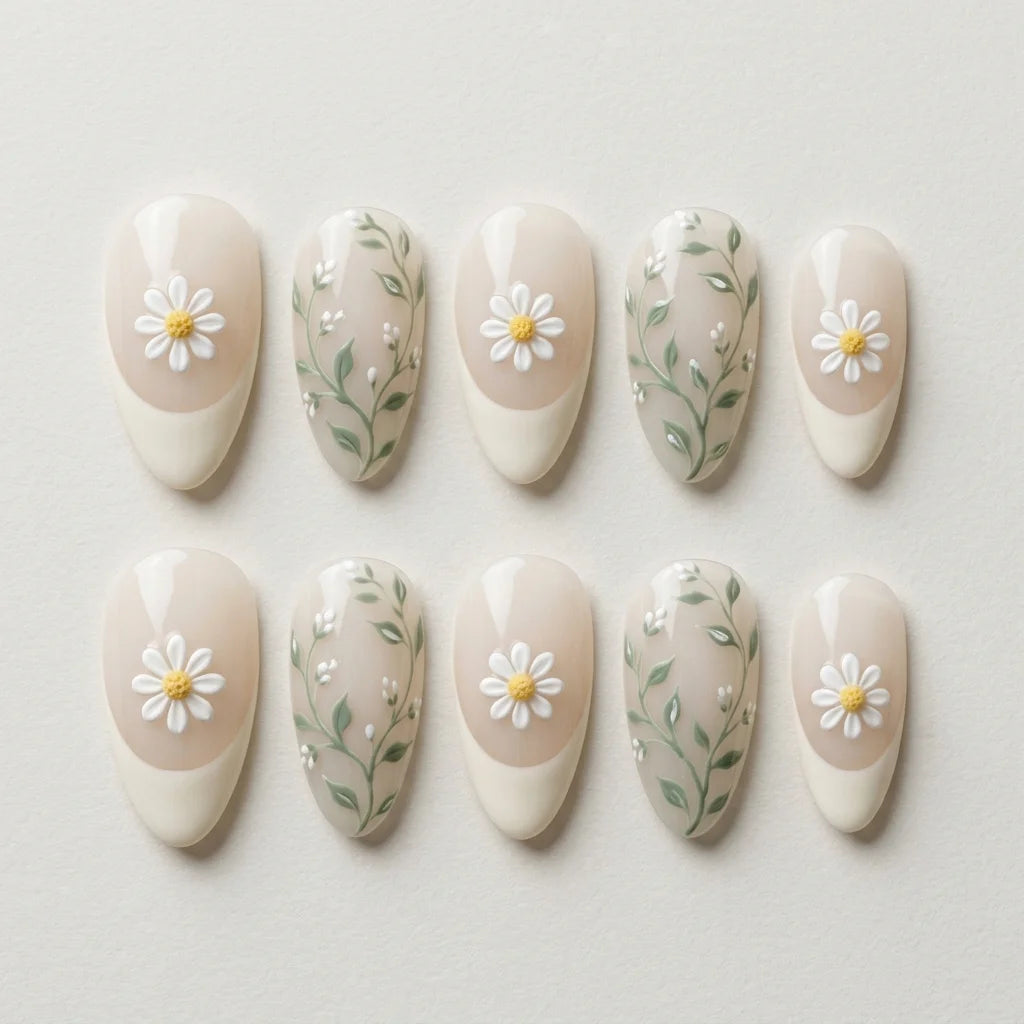 white nude 3d french tip almond press on nails daisy vine flat lay 01