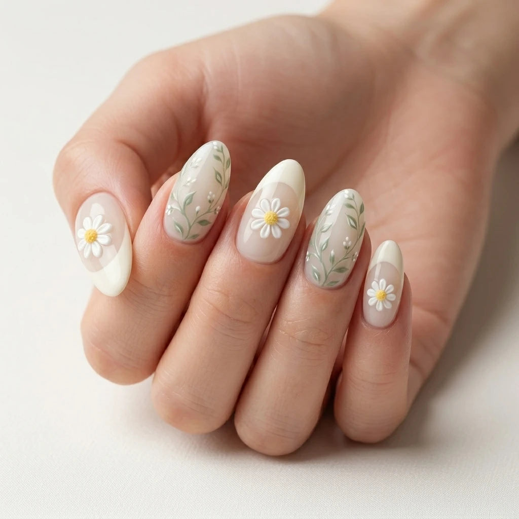 white nude 3d french tip almond press on nails daisy vine mockup 01