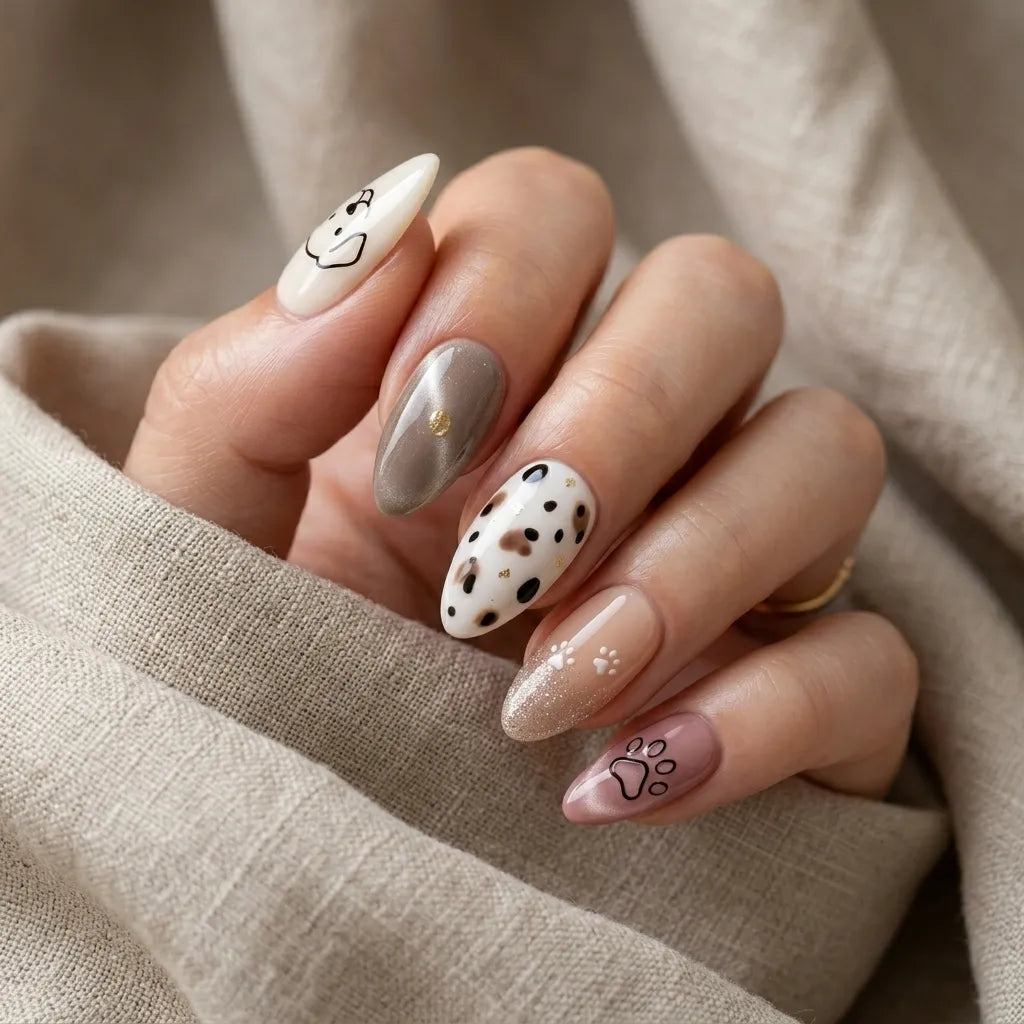 white nude blush cat eye almond press on nails dog dalmatian paw detail 01