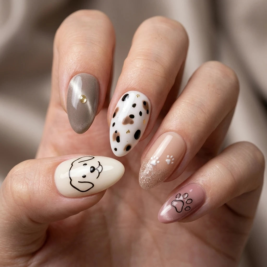 white nude blush cat eye almond press on nails dog dalmatian paw flat lay 01