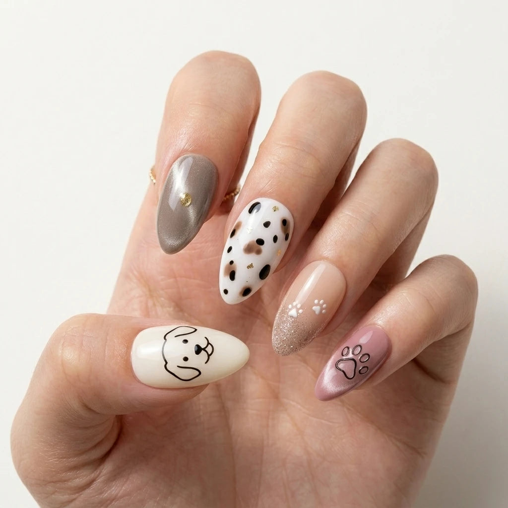 white nude blush cat eye almond press on nails dog dalmatian paw lifestyle 01
