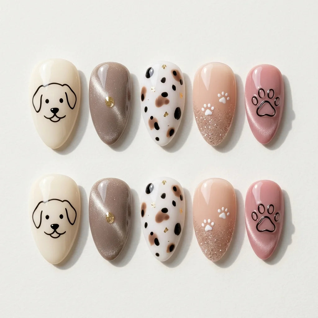 white nude blush cat eye almond press on nails dog dalmatian paw mockup 01