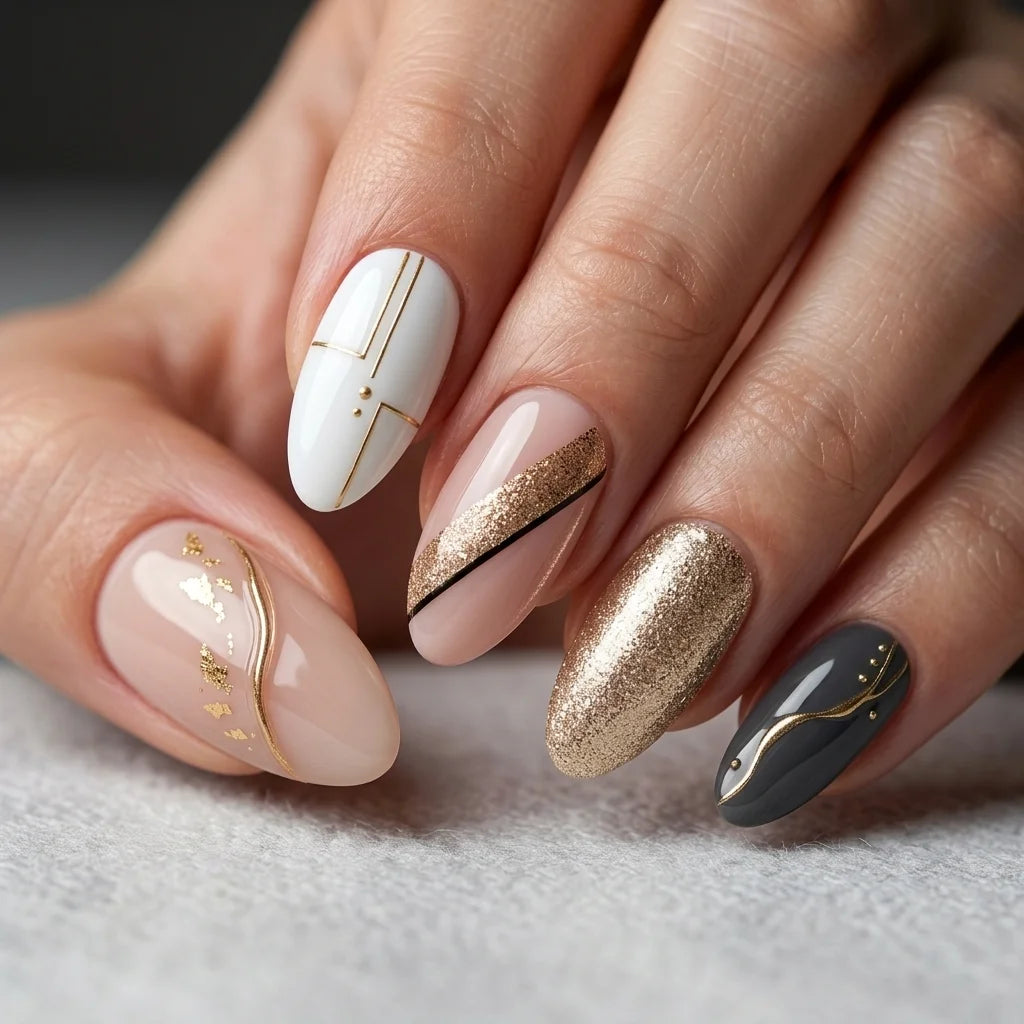 white nude charcoal almond press on nails geometric swirl glitter detail 01