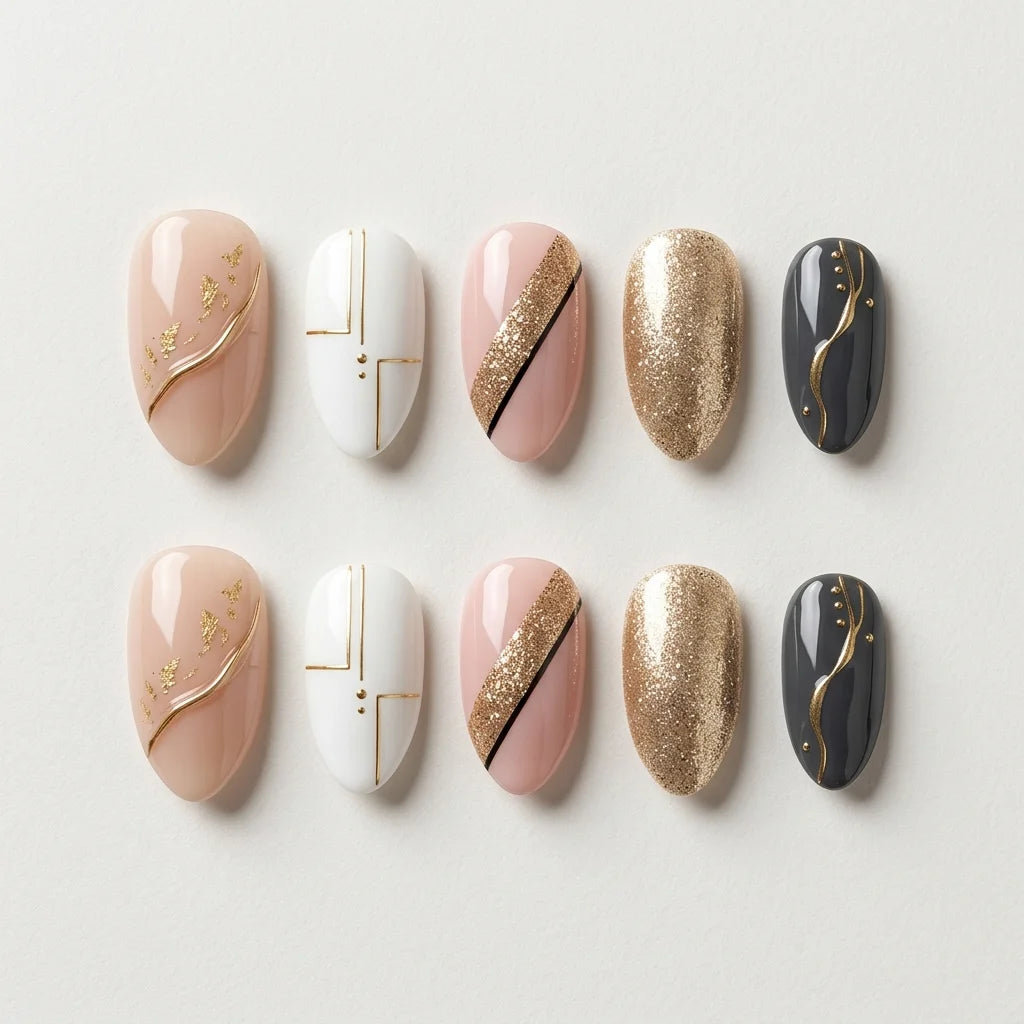 white nude charcoal almond press on nails geometric swirl glitter flat lay 01