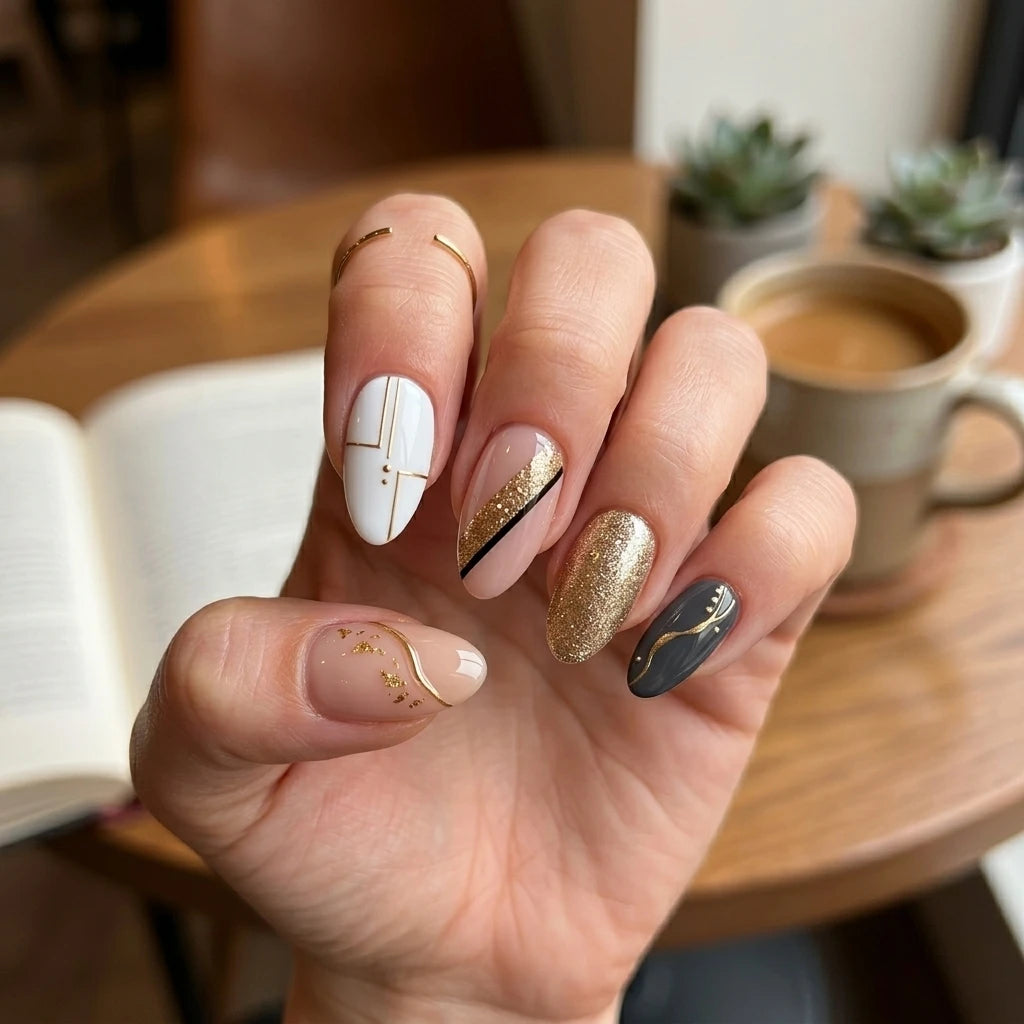 white nude charcoal almond press on nails geometric swirl glitter lifestyle 01
