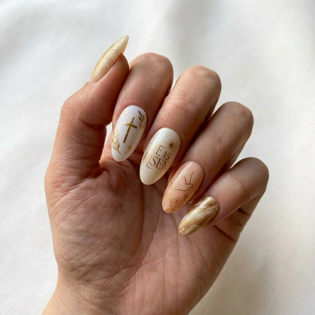 white peach gold 3d marble easter almond press on nails cross dove lettering detail 01