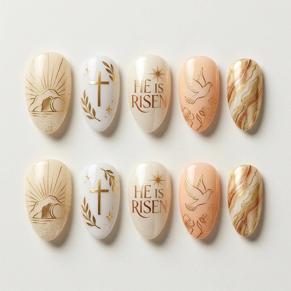 white peach gold 3d marble easter almond press on nails cross dove lettering lifestyle 01