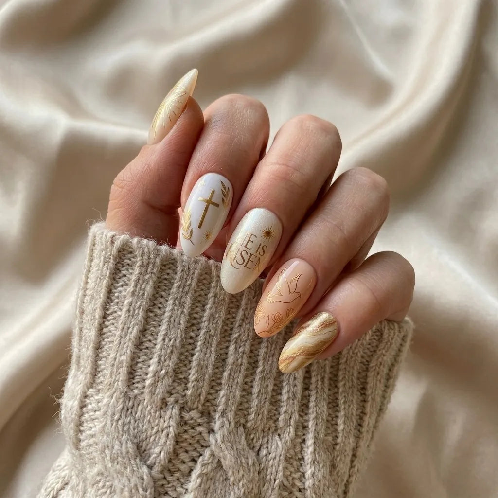 white peach gold 3d marble easter almond press on nails cross dove lettering mockup 01