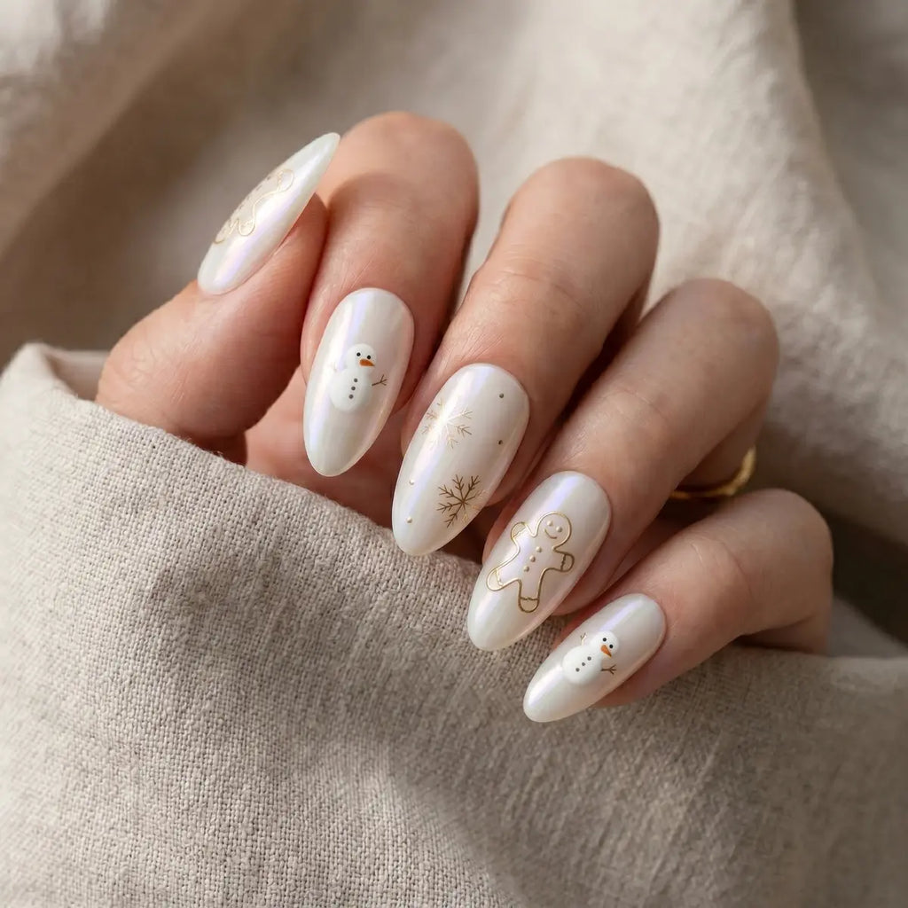 white pearl hand painted almond press on nails gingerbread snowman snowflake detail 03