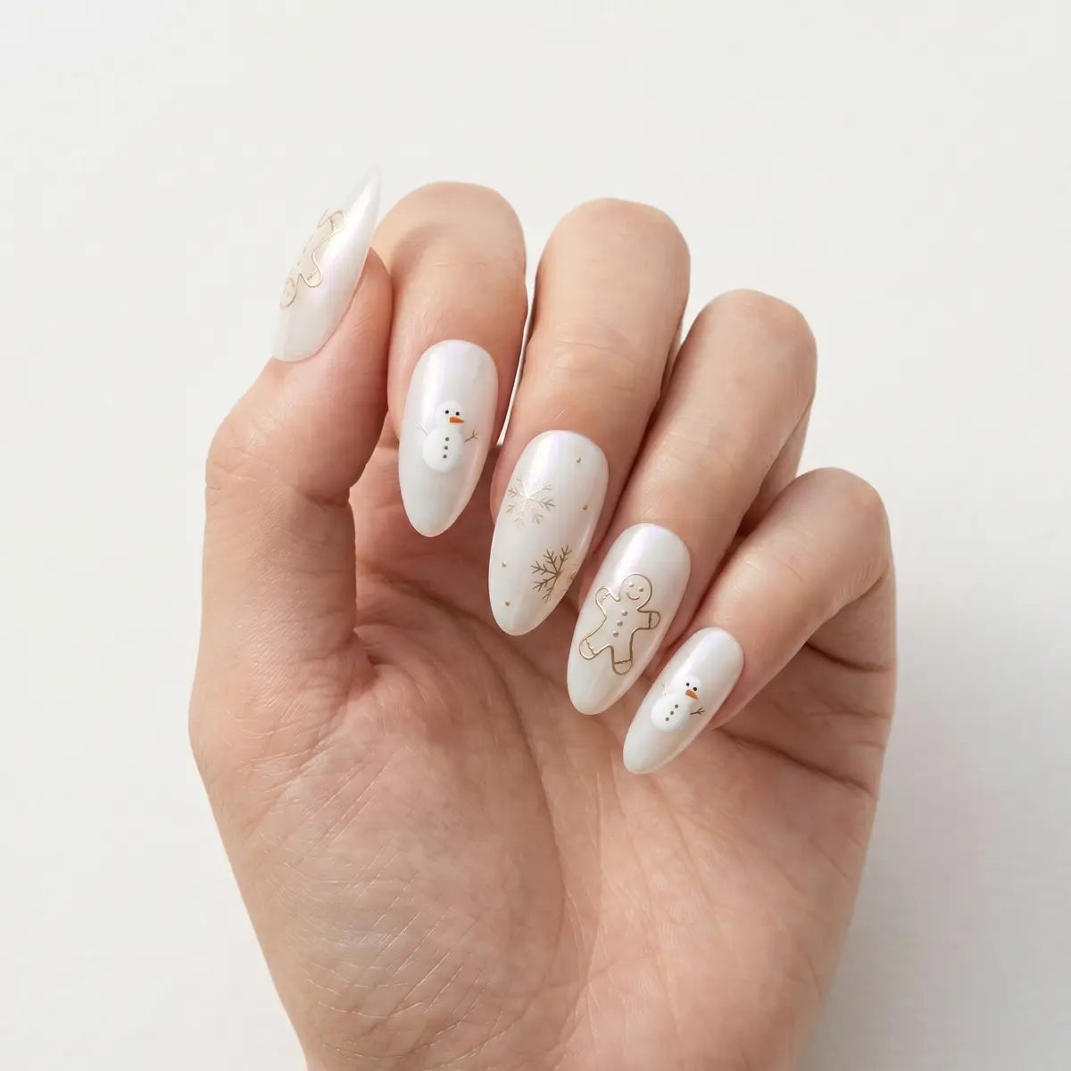 white pearl hand painted almond press on nails gingerbread snowman snowflake mockup 01