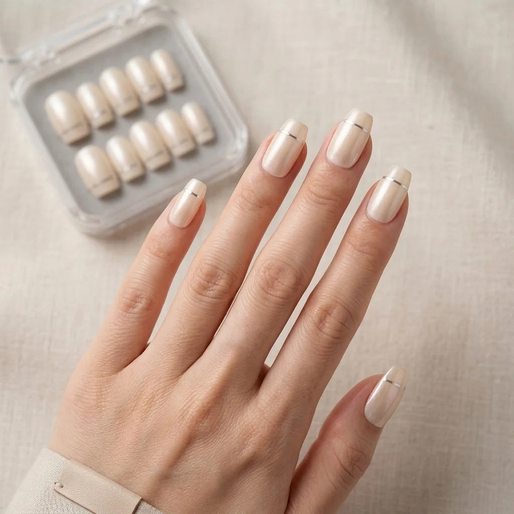 Hand with beige nail polish and a set of nail tips on a neutral background