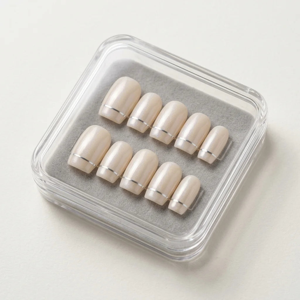 white pearl square press on nails silver stripe detail 01