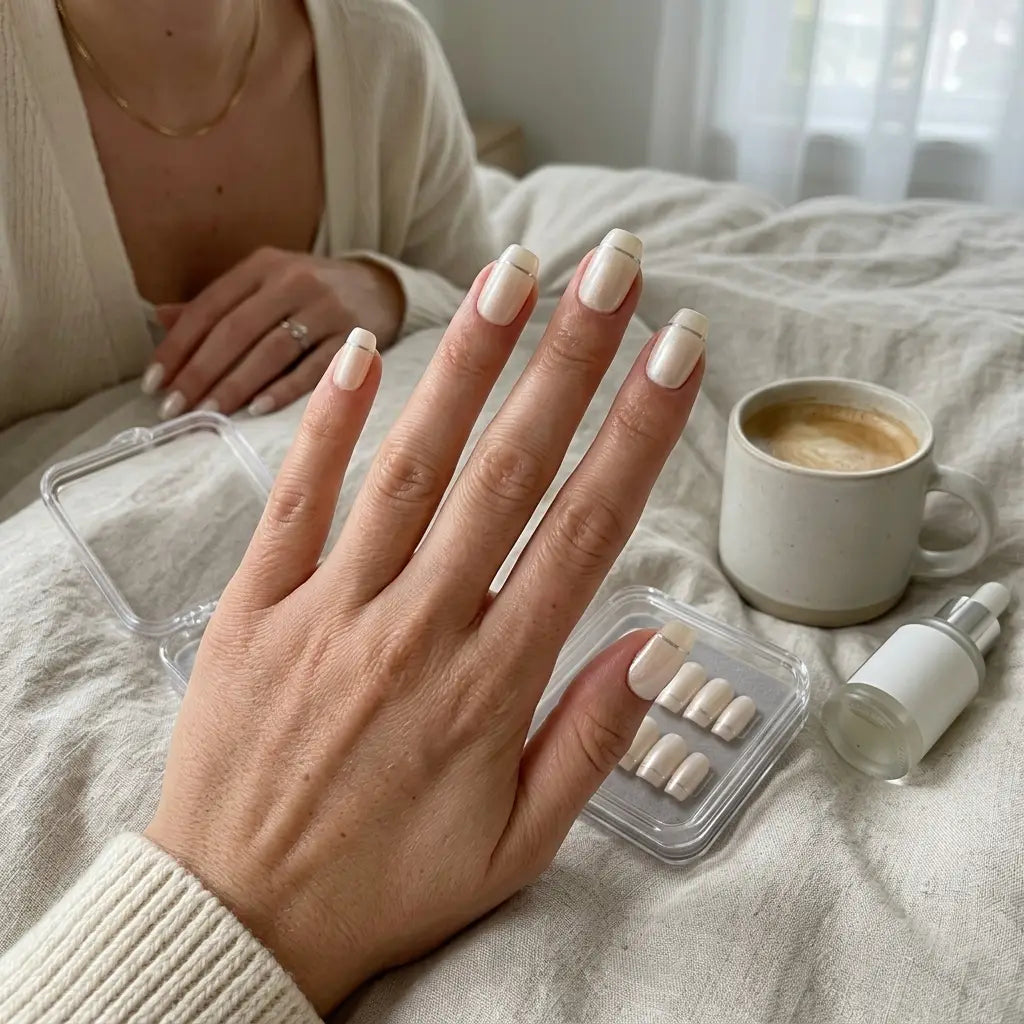 white pearl square press on nails silver stripe lifestyle 01