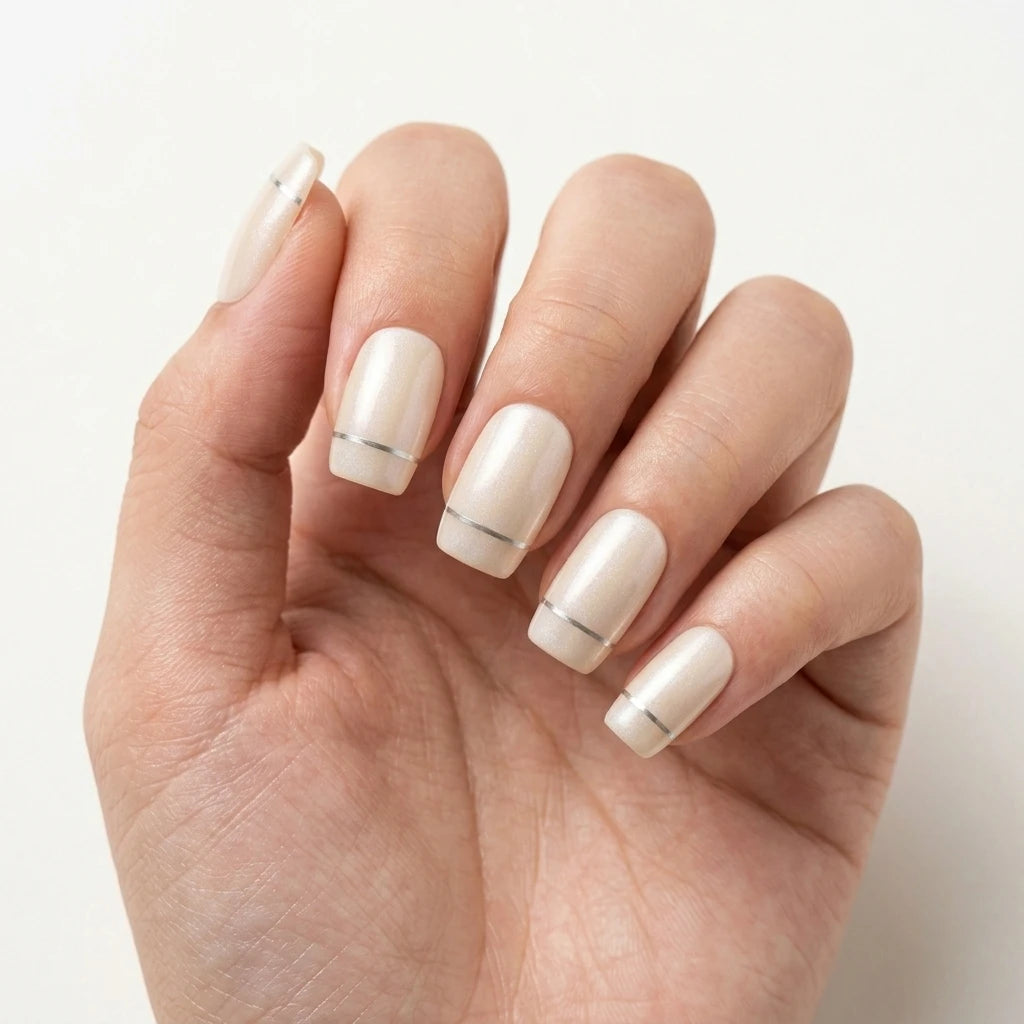 white pearl square press on nails silver stripe mockup 01