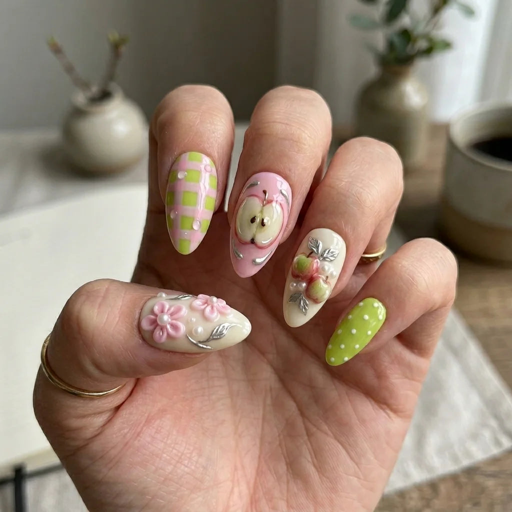 white pink 3d almond medium press on nails apple flower detail 01