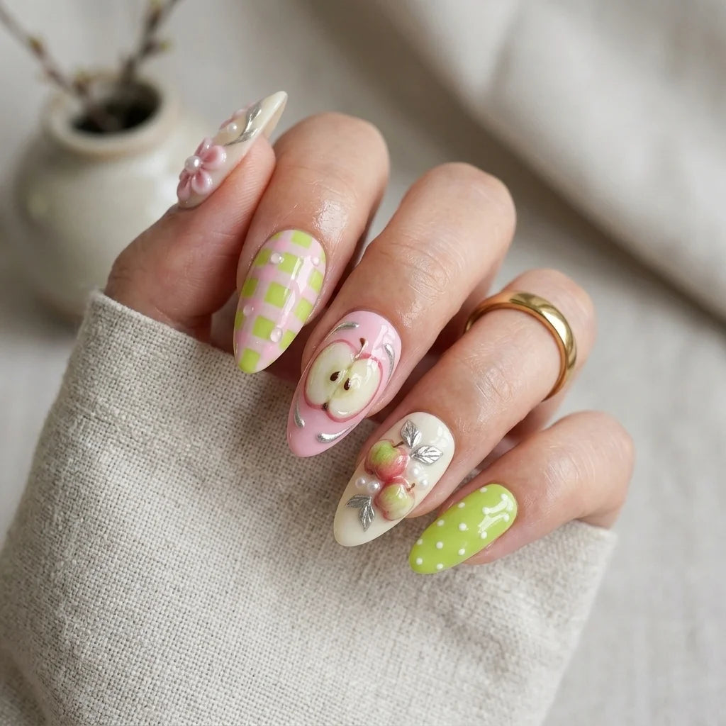 white pink 3d almond medium press on nails apple flower flat lay 01