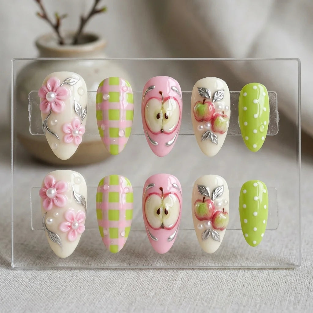 white pink 3d almond medium press on nails apple flower mockup 01