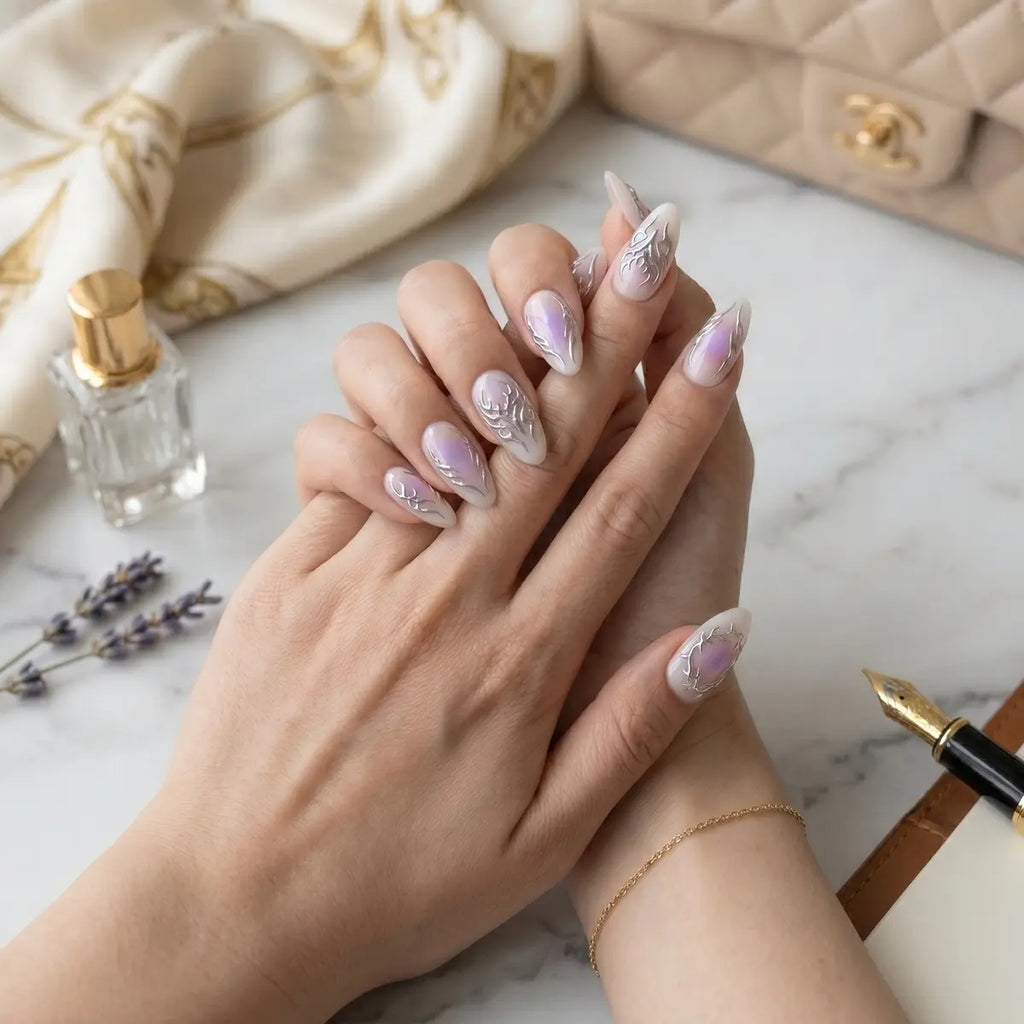 white purple ombre 3d almond press on nails silver swirl detail 03