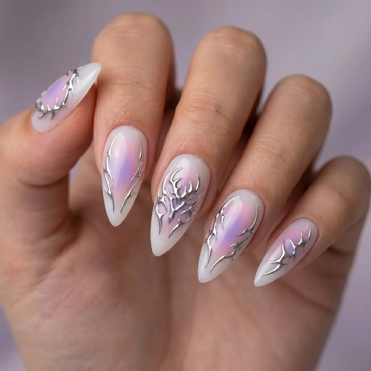 white purple ombre 3d almond press on nails silver swirl lifestyle 02