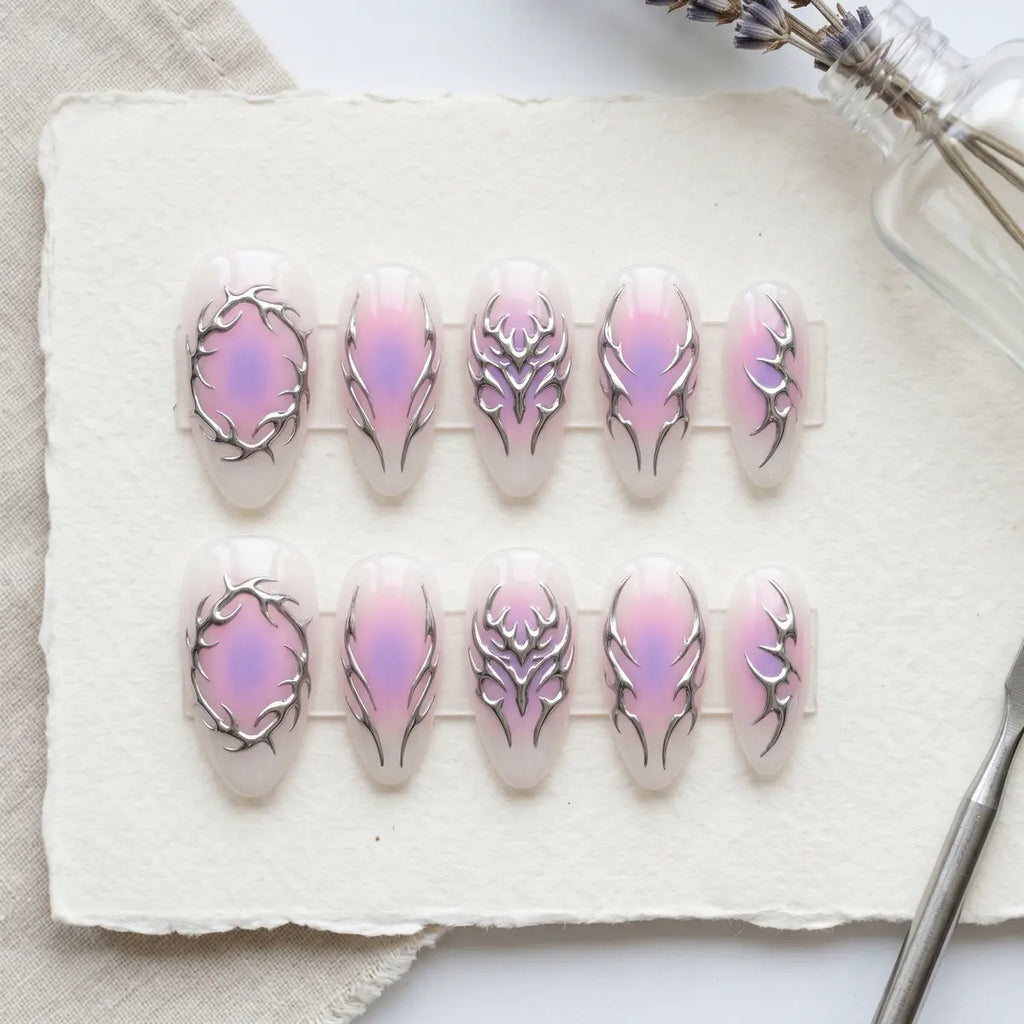 white purple ombre 3d almond press on nails silver swirl mockup 01
