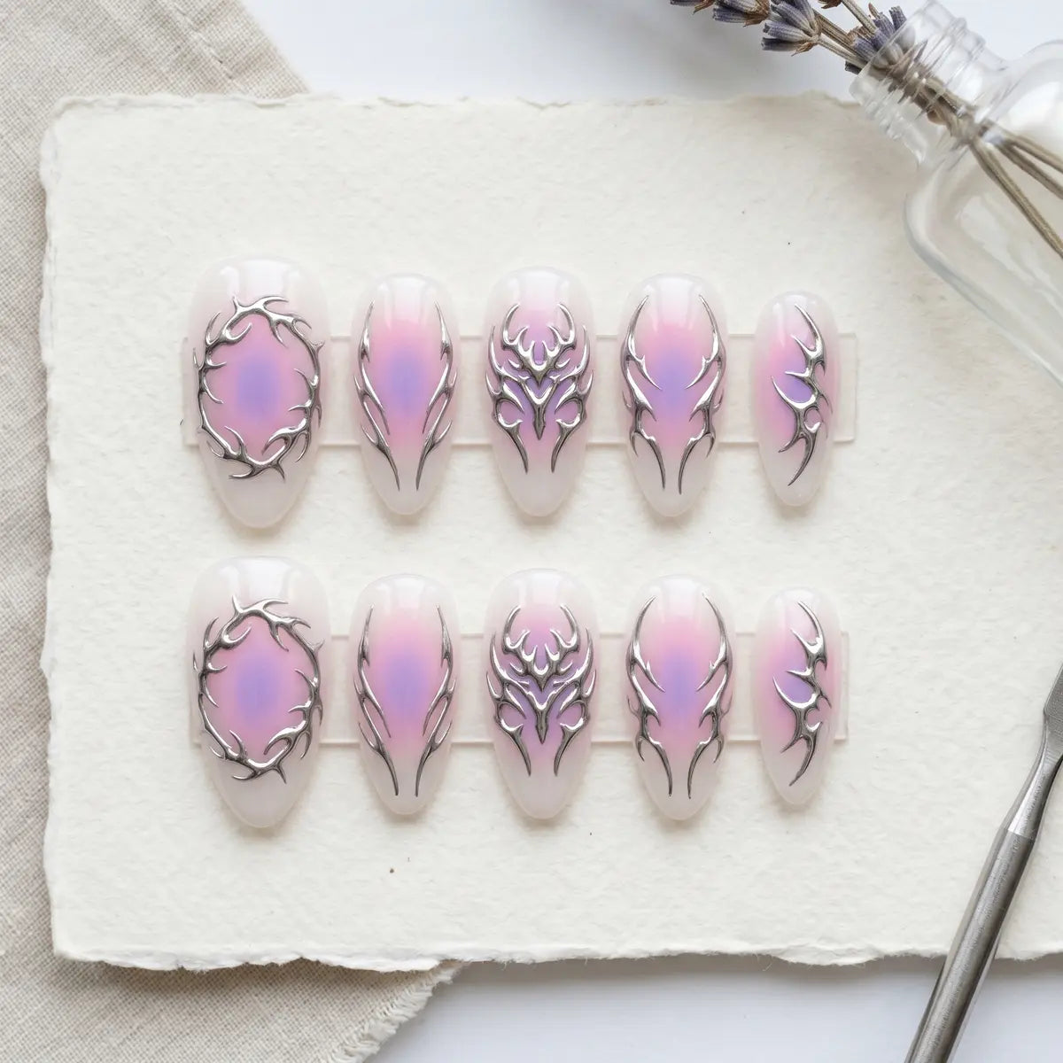 white purple ombre 3d almond press on nails silver swirl mockup 01
